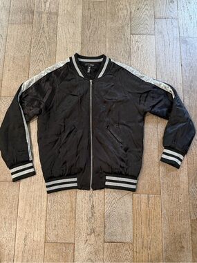 AQUA Black Satin Zip Jacket Metallic Silver Sequins Bomber Disco Rave Retro M